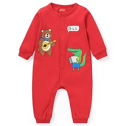 Babyhug 100% Cotton Knit Full Sleeves Rompers with Striped & Bear Print Pack of 2 - Red Green & White