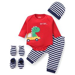 Babyhug 100% Cotton Knit Full Sleeves  Booties Striped &  Dino Printed Onesie with Leggings Pair of Mittens & Booties - Red