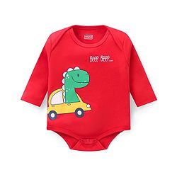Babyhug 100% Cotton Knit Full Sleeves  Booties Striped &  Dino Printed Onesie with Leggings Pair of Mittens & Booties - Red