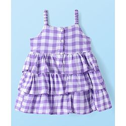 Babyhug Rayon Woven Tiered Frock With Checks &  Solid Half Sleeves Inner Tee - Purple & White