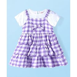 Babyhug Rayon Woven Tiered Frock With Checks &  Solid Half Sleeves Inner Tee - Purple & White