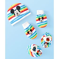 Babyhug Disney Cotton Knit Cap Mittens & Booties Set with Stripes & Mickey Mouse Graphics - White