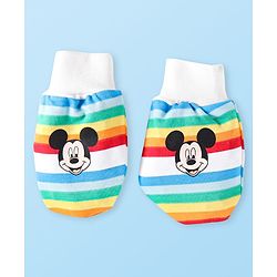 Babyhug Disney Cotton Knit Cap Mittens & Booties Set with Stripes & Mickey Mouse Graphics - White