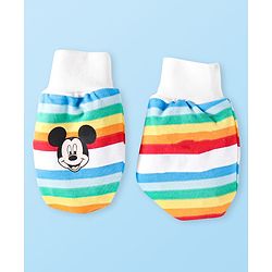 Babyhug Disney Cotton Knit Cap Mittens & Booties Set with Stripes & Mickey Mouse Graphics - White