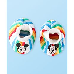 Babyhug Disney Cotton Knit Cap Mittens & Booties Set with Stripes & Mickey Mouse Graphics - White