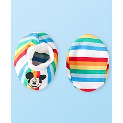 Babyhug Disney Cotton Knit Cap Mittens & Booties Set with Stripes & Mickey Mouse Graphics - White