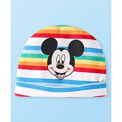 Babyhug Disney Cotton Knit Cap Mittens & Booties Set with Stripes & Mickey Mouse Graphics - White