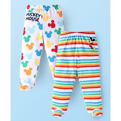 Babyhug Disney Cotton Knit Footed Diaper Leggings With Mickey Mouse Graphics Pack of 2 - White & Yellow