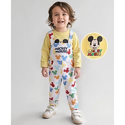 Babyhug Disney Single Jersey Knit Full Sleeves Mickey Mouse Printed T-Shirt &  Full Length Dungaree - White & Yellow
