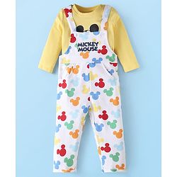Babyhug Disney Single Jersey Knit Full Sleeves Mickey Mouse Printed T-Shirt &  Full Length Dungaree - White & Yellow