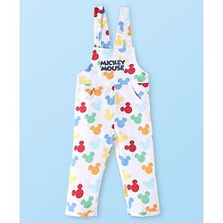 Babyhug Disney Single Jersey Knit Full Sleeves Mickey Mouse Printed T-Shirt &  Full Length Dungaree - White & Yellow