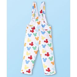 Babyhug Disney Single Jersey Knit Full Sleeves Mickey Mouse Printed T-Shirt &  Full Length Dungaree - White & Yellow