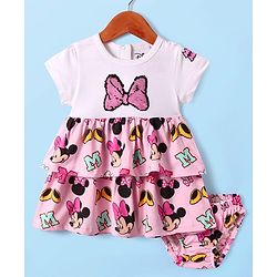 Babyhug Disney Single Jersey Knit Half Sleeves Frock With Bloomer & Minnie Mouse Graphics & Reversible Sequin Embroidery - White & Pink