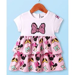 Babyhug Disney Single Jersey Knit Half Sleeves Frock With Bloomer & Minnie Mouse Graphics & Reversible Sequin Embroidery - White & Pink