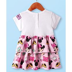 Babyhug Disney Single Jersey Knit Half Sleeves Frock With Bloomer & Minnie Mouse Graphics & Reversible Sequin Embroidery - White & Pink