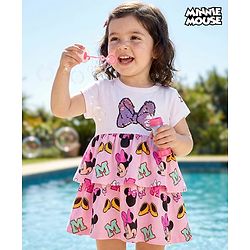 Babyhug Disney Single Jersey Knit Half Sleeves Frock With Bloomer & Minnie Mouse Graphics & Reversible Sequin Embroidery - White & Pink