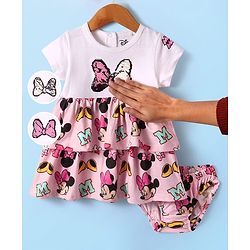 Babyhug Disney Single Jersey Knit Half Sleeves Frock With Bloomer & Minnie Mouse Graphics & Reversible Sequin Embroidery - White & Pink