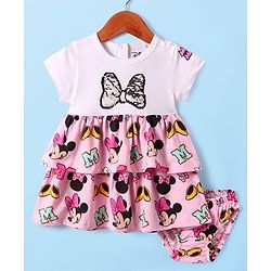 Babyhug Disney Single Jersey Knit Half Sleeves Frock With Bloomer & Minnie Mouse Graphics & Reversible Sequin Embroidery - White & Pink
