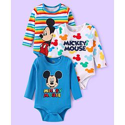 Babyhug Disney Interlock Knit Full Sleeves Onesies with Mickey Mouse Graphics Pack of 3- White  & Blue