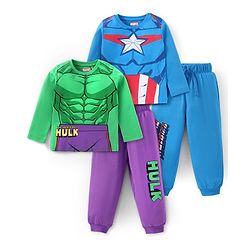 Babyhug Marvel Single Jersey Knit   Full Sleeves Night Suit with Avengers Graphics Pack of 2- Blue Green & Purple