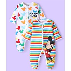 Babyhug Disney Single Jersey Knit Front Open Footed Sleep Suit with Striped & Mickey Mouse Print Pack of 2 - White Green & Red