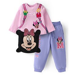 Babyhug Disney Single Jersey Knit Full Sleeves Top & Joggers Set With Minnie Mouse Graphics & Functional Bag Applique - Pink & Lavender