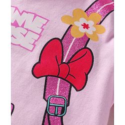 Babyhug Disney Single Jersey Knit Full Sleeves Top & Joggers Set With Minnie Mouse Graphics & Functional Bag Applique - Pink & Lavender
