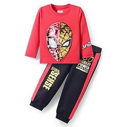 Babyhug Marvel Single Jersey Knit Full Sleeves T-Shirt & Lounge Pant Set With  Reversible Spider-man Sequins Detailing - Red & Black