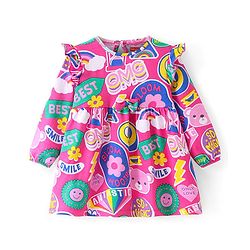 Babyhug Single Jersey Knit Full Sleeves Winter Frock with Frill Detailing & Text Print - Fuschia