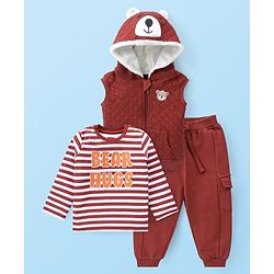 Babyhug Cotton Knit Sleeveless Front Zipper Hooded Vest With Striped T-Shirt & Joggers - Maroon
