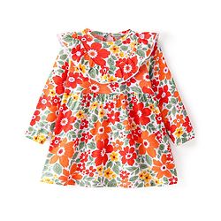 Babyhug Single Jersey Knit Full Sleeves Frock With Floral Print - Multicolor