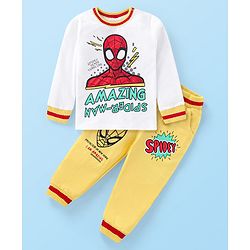 Babyhug Marvel Cotton Knit Full Sleeves T-Shirt & Joggers Set With Spider Man Graphics - White & Yellow