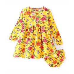 Babyhug Single Jersey Full Sleeves Frock with Bloomer & Floral Print - Yellow