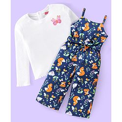 Babyhug Single Jersey Knit Deer Print Jumpsuit with Full Sleeves Inner Top - Navy Blue & White