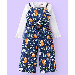 Babyhug Single Jersey Knit Deer Print Jumpsuit with Full Sleeves Inner Top - Navy Blue & White