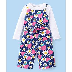 Babyhug Single Jersey Knit Floral Printed Jumpsuit with Full Sleeves Top - Pink & Blue