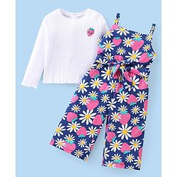 Babyhug Single Jersey Knit Floral Printed Jumpsuit with Full Sleeves Top - Pink & Blue