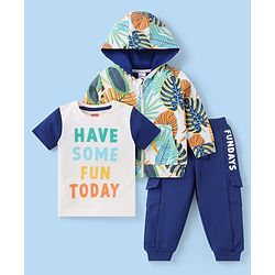 Babyhug Terry Knit Full Sleeves Tropical Theme & Text  Printed Hooded Sweatjacket & Lounge Pant with T-Shirt - Navy Blue