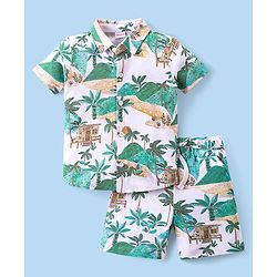 Babyhug Cotton Knit Half Sleeves Shirt & Shorts Co-Ord Set With Tropical Island Print - Multicolor
