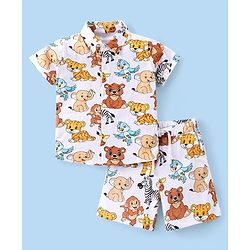 Babyhug Single Jersey Knit Half Sleeves Shirt & Shorts Co-Ord Set With Animals Print - Off White & Yellow