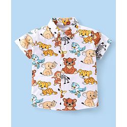 Babyhug Single Jersey Knit Half Sleeves Shirt & Shorts Co-Ord Set With Animals Print - Off White & Yellow