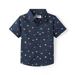 Babyhug Cotton Knit Half Sleeves Shirt with Vehicle Print - Navy Blue