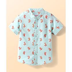 Babyhug Cotton Woven Half Sleeves Mandarin Collar Tiger Printed Shirt - Light Blue