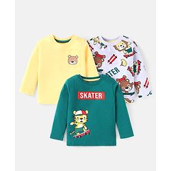 Babyhug Cotton Knit Full Sleeves Animal Printed T-Shirts Pack of 3 - Yellow Dark Green & Off White