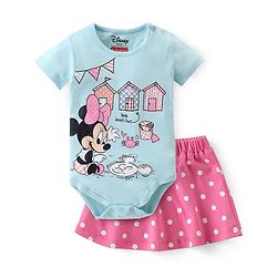 Babyhug Disney Interlock Knit Half Sleeves Onesies & Skirt with Minnie Mouse Graphics & Polka Dot Print  - Blue & Pink