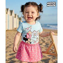 Babyhug Disney Interlock Knit Half Sleeves Onesies & Skirt with Minnie Mouse Graphics & Polka Dot Print  - Blue & Pink