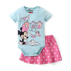 Babyhug Disney Interlock Knit Half Sleeves Onesies & Skirt with Minnie Mouse Graphics & Polka Dot Print  - Blue & Pink