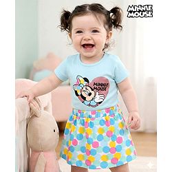 Babyhug Disney Interlock Knit Half Sleeve Minnie Mouse Graphic Onesies with Polka Dot Print Skirt - Blue
