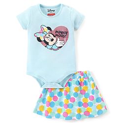 Babyhug Disney Interlock Knit Half Sleeve Minnie Mouse Graphic Onesies with Polka Dot Print Skirt - Blue