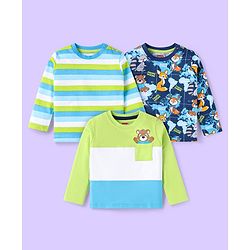 Babyhug Cotton Knit Full Sleeves T-Shirts with Stripes &  Animals  Graphics Pack of 3 - Blue Light Green & White